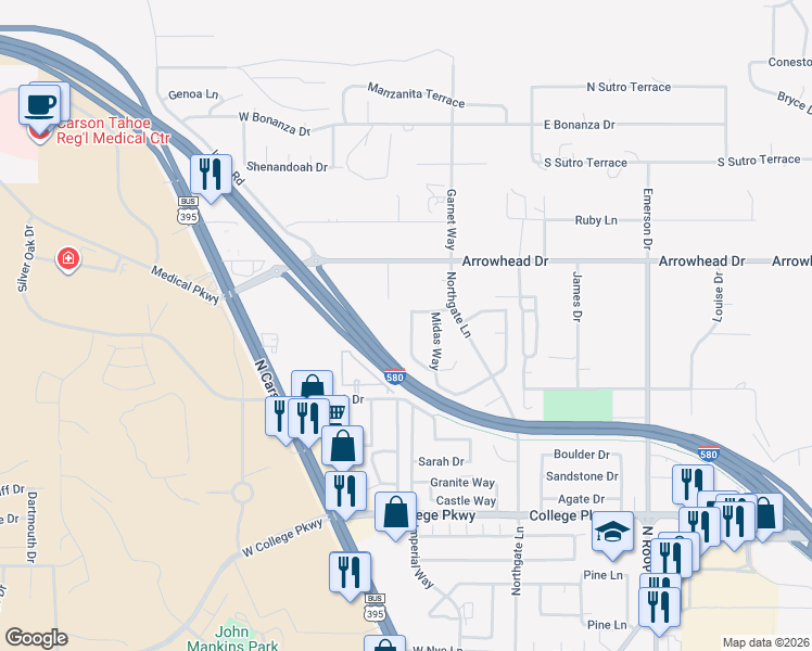 map of restaurants, bars, coffee shops, grocery stores, and more near 4248 Mina Way in Carson City