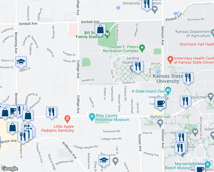 map of restaurants, bars, coffee shops, grocery stores, and more near 1540 Pipher Lane in Manhattan