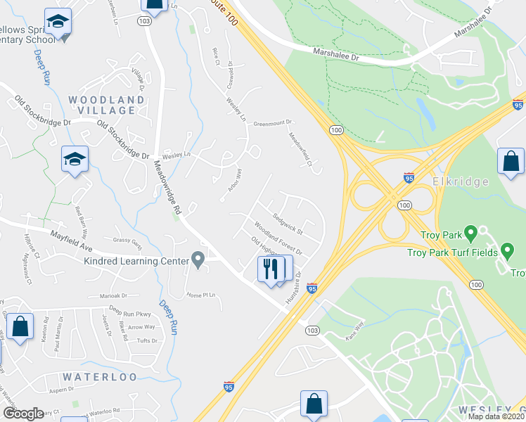 map of restaurants, bars, coffee shops, grocery stores, and more near 6408 Sedgwick Street in Elkridge