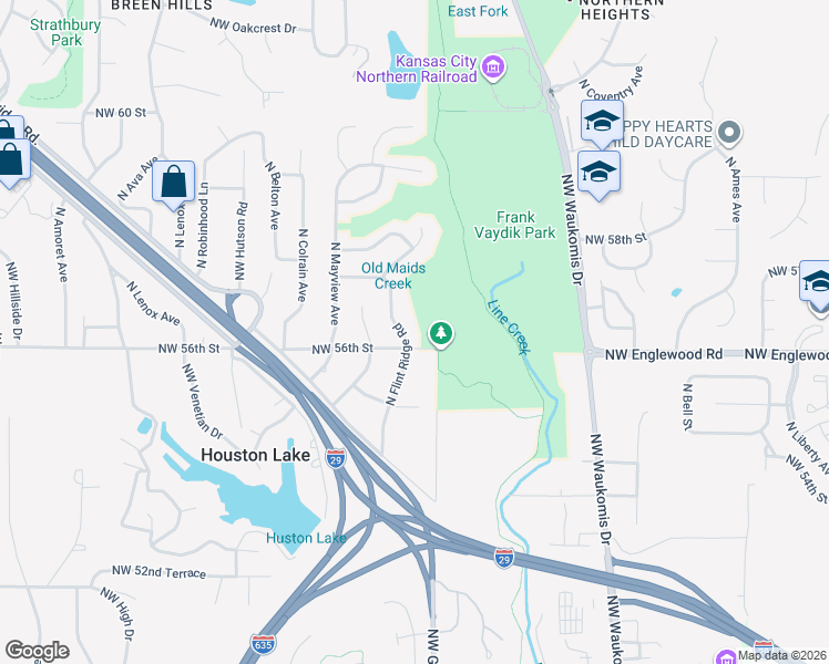 map of restaurants, bars, coffee shops, grocery stores, and more near 5603 North Flint Ridge Road in Kansas City
