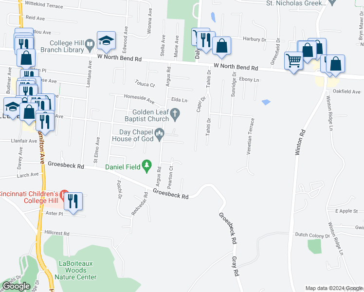 map of restaurants, bars, coffee shops, grocery stores, and more near 1061 Albany Terrace in Cincinnati