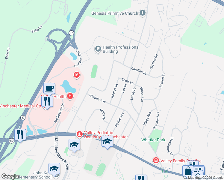 map of restaurants, bars, coffee shops, grocery stores, and more near 340 Linden Drive in Winchester
