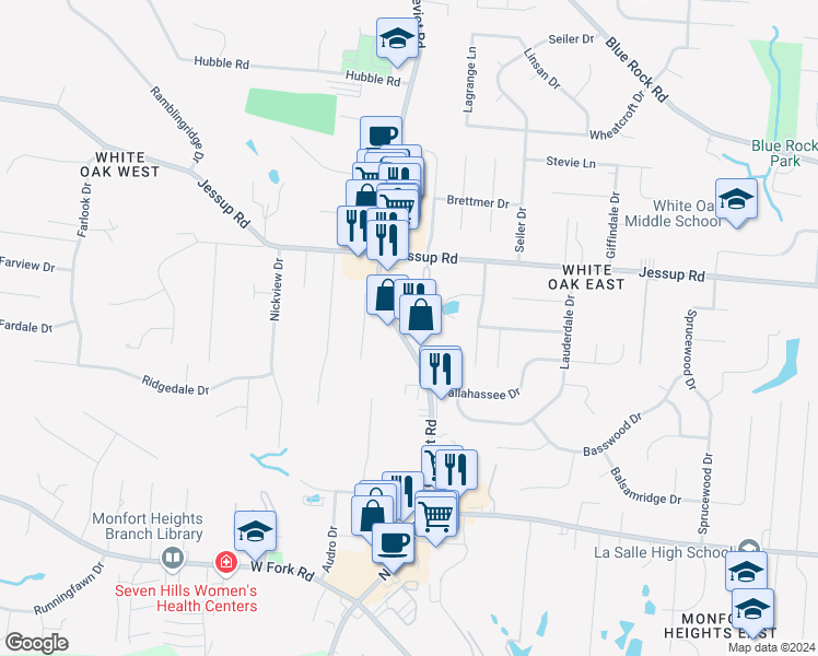 map of restaurants, bars, coffee shops, grocery stores, and more near 5710 Cheviot Road in Cincinnati