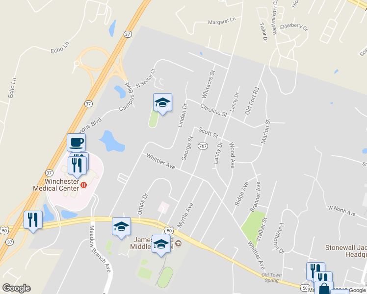 map of restaurants, bars, coffee shops, grocery stores, and more near 337 George Street in Winchester