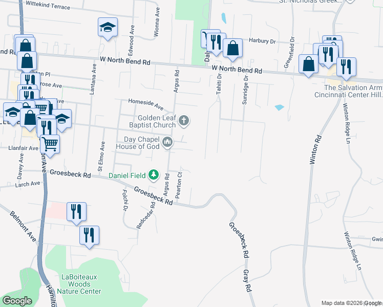 map of restaurants, bars, coffee shops, grocery stores, and more near 1069 Albany Terrace in Cincinnati