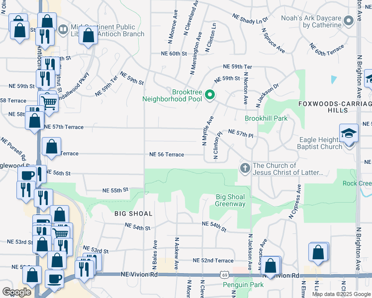 map of restaurants, bars, coffee shops, grocery stores, and more near 3700 Northeast 56 Terrace in Gladstone