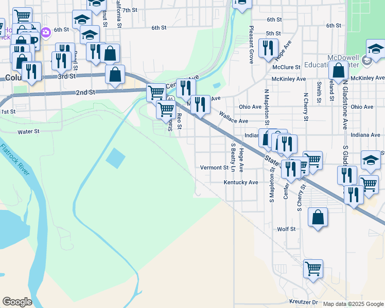 map of restaurants, bars, coffee shops, grocery stores, and more near 102 South Hinman Street in Columbus