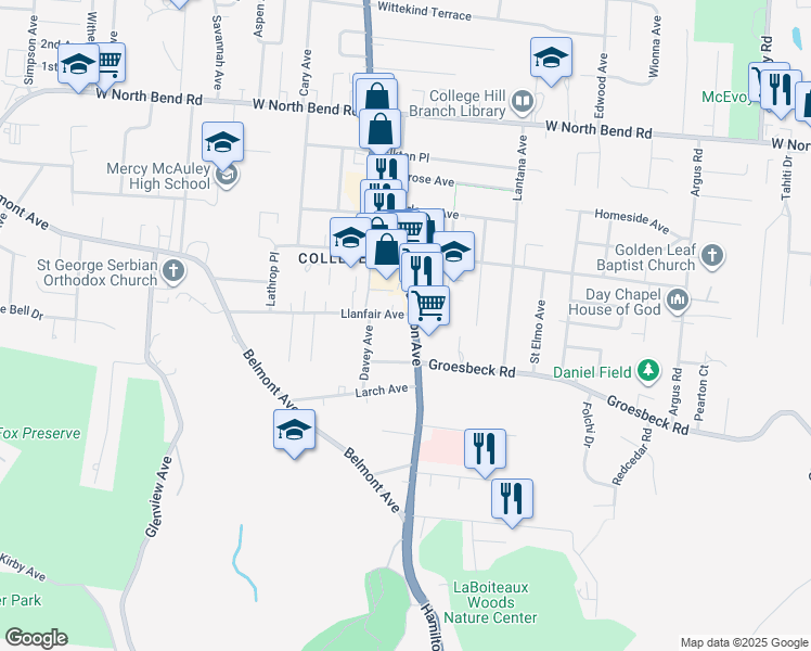 map of restaurants, bars, coffee shops, grocery stores, and more near 5742 Hamilton Avenue in Cincinnati