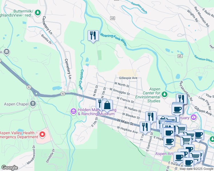 map of restaurants, bars, coffee shops, grocery stores, and more near 800 West Smuggler Street in Aspen