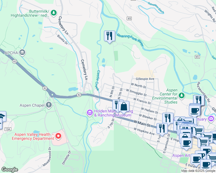 map of restaurants, bars, coffee shops, grocery stores, and more near 949 W Smuggler St in Aspen