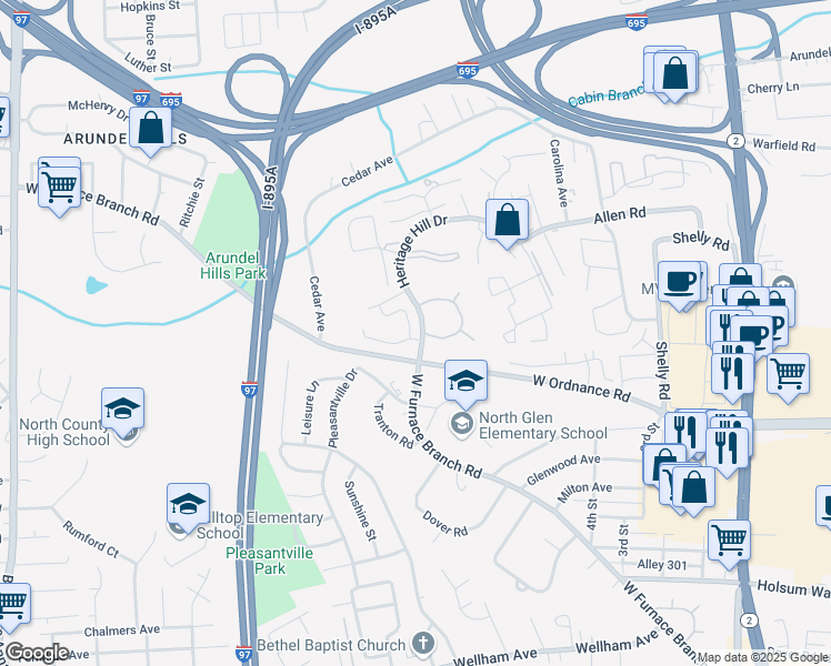 map of restaurants, bars, coffee shops, grocery stores, and more near 6465 Lacrosse Lane in Glen Burnie