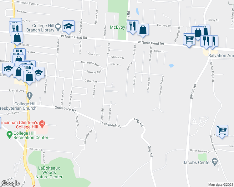 map of restaurants, bars, coffee shops, grocery stores, and more near 1069 Albany Terrace in Cincinnati