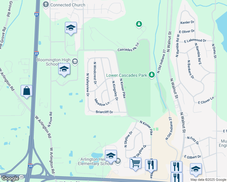 map of restaurants, bars, coffee shops, grocery stores, and more near 3252 North Kingsley Drive in Bloomington