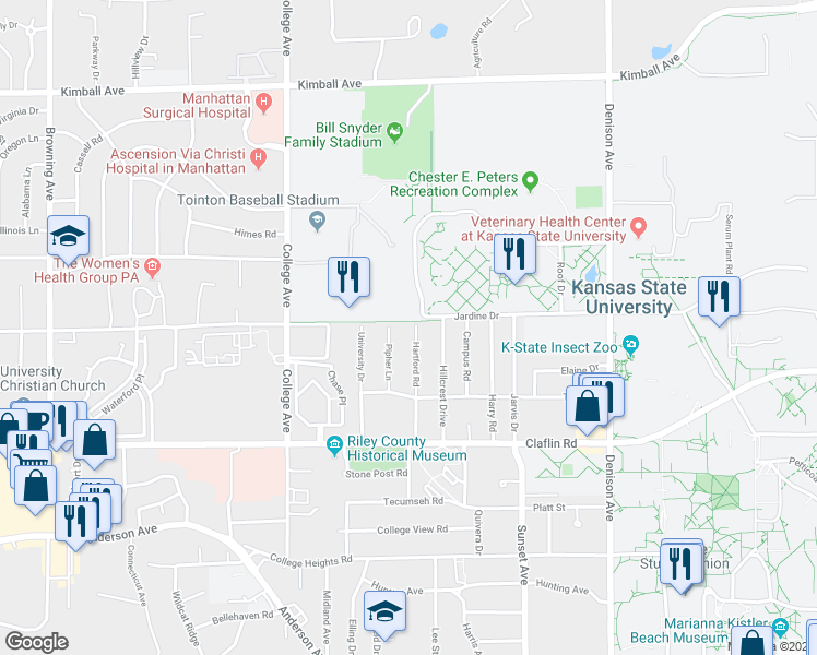 map of restaurants, bars, coffee shops, grocery stores, and more near 1540 Pipher Lane in Manhattan