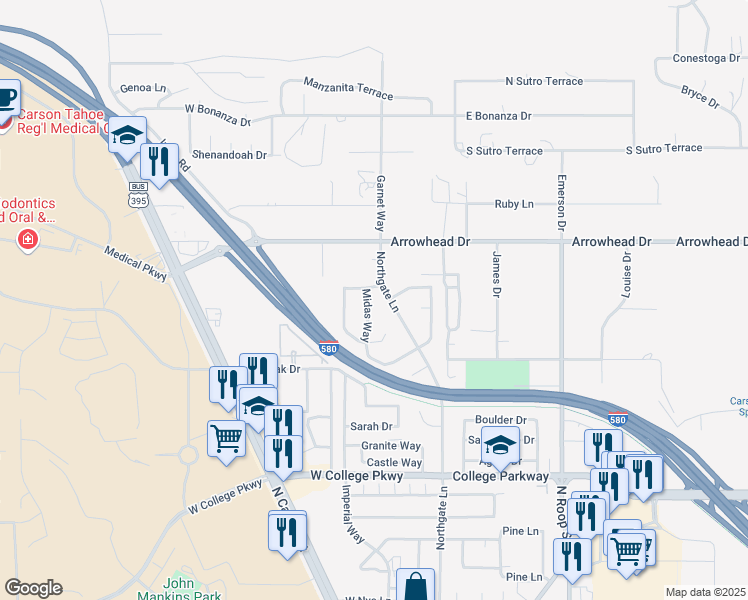 map of restaurants, bars, coffee shops, grocery stores, and more near 4259 Midas Way in Carson City