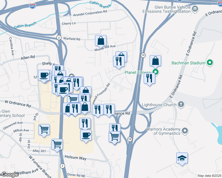 map of restaurants, bars, coffee shops, grocery stores, and more near 304 Blue Water Court in Glen Burnie