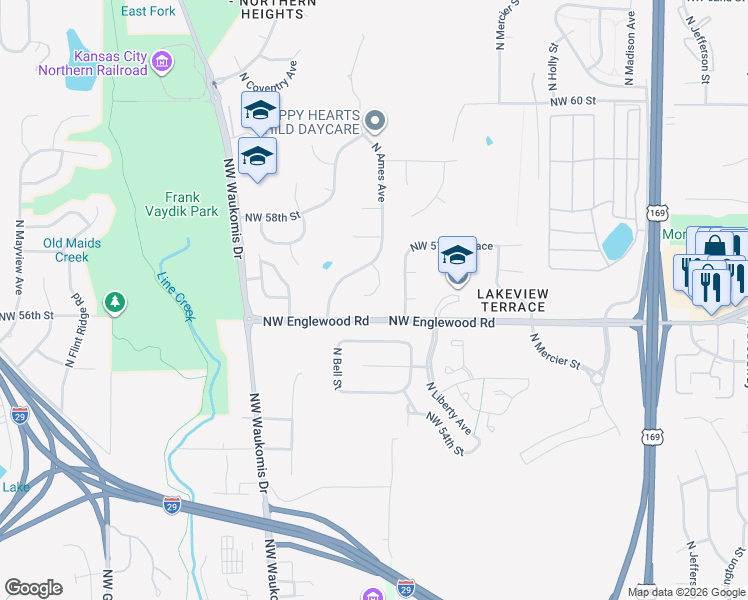 map of restaurants, bars, coffee shops, grocery stores, and more near 1809 Northwest 56 Court in Kansas City