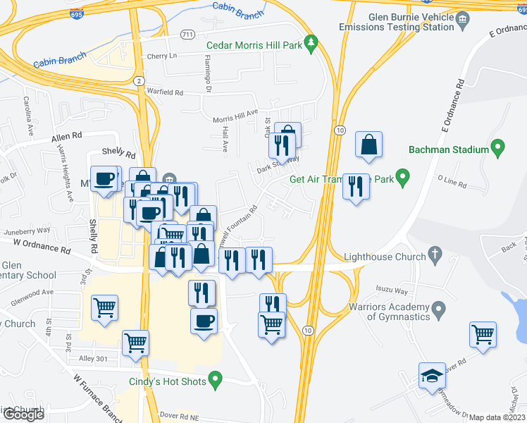 map of restaurants, bars, coffee shops, grocery stores, and more near 304 Blue Water Court in Glen Burnie