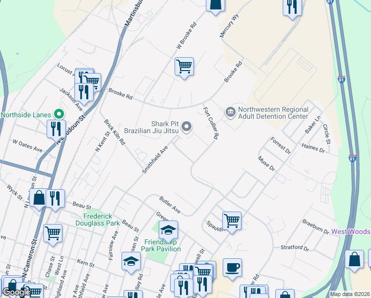 map of restaurants, bars, coffee shops, grocery stores, and more near 860 Smithfield Avenue in Winchester