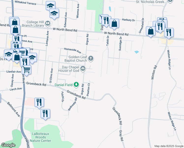 map of restaurants, bars, coffee shops, grocery stores, and more near 1069 Albany Terrace in Cincinnati