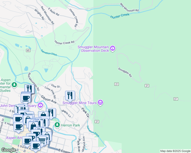 map of restaurants, bars, coffee shops, grocery stores, and more near 909 Spruce Street in Aspen