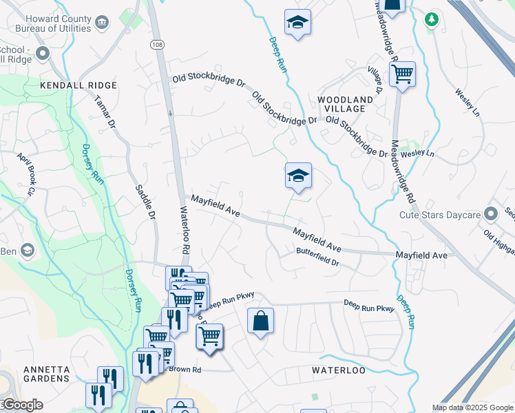 map of restaurants, bars, coffee shops, grocery stores, and more near 8023 Watermill Court in Elkridge