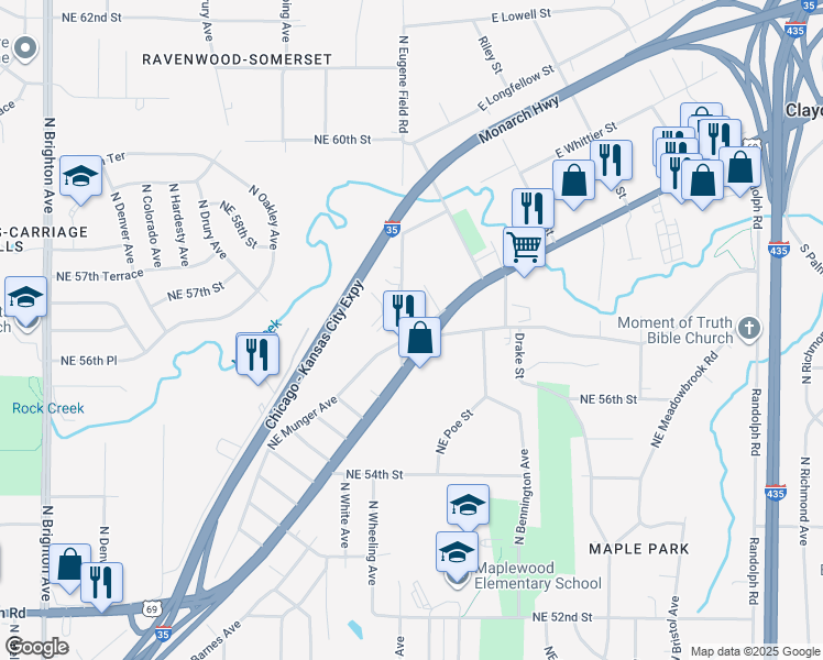 map of restaurants, bars, coffee shops, grocery stores, and more near 5 Northeast Munger Avenue in Kansas City