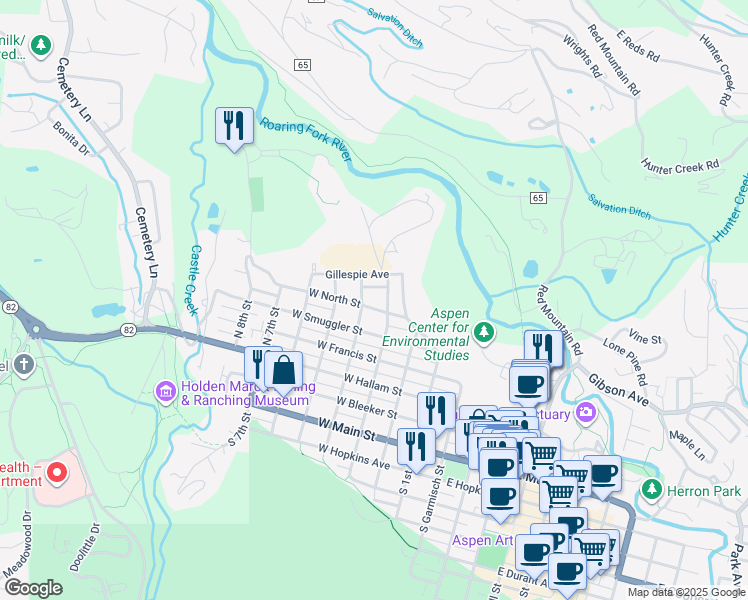 map of restaurants, bars, coffee shops, grocery stores, and more near 420 West North Street in Aspen