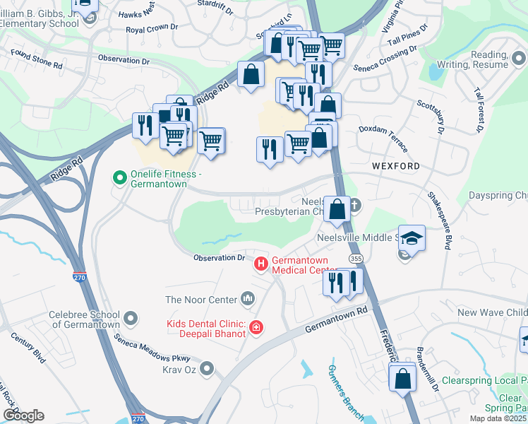 map of restaurants, bars, coffee shops, grocery stores, and more near 12000 Amber Ridge Circle in Germantown