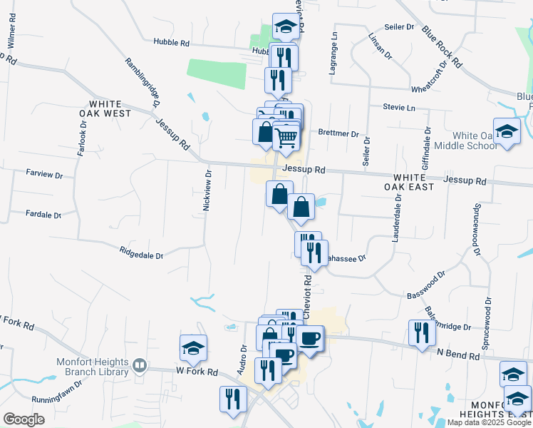 map of restaurants, bars, coffee shops, grocery stores, and more near 5761 Cheviot Road in Cincinnati