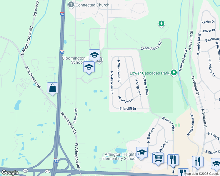 map of restaurants, bars, coffee shops, grocery stores, and more near 3301 North Valleyview Drive in Bloomington