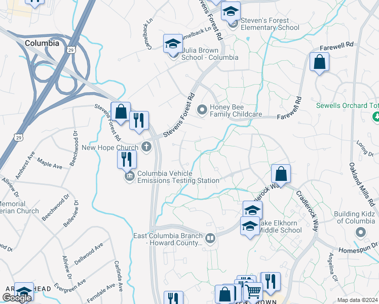 map of restaurants, bars, coffee shops, grocery stores, and more near 6278 Gay Topaz in Columbia