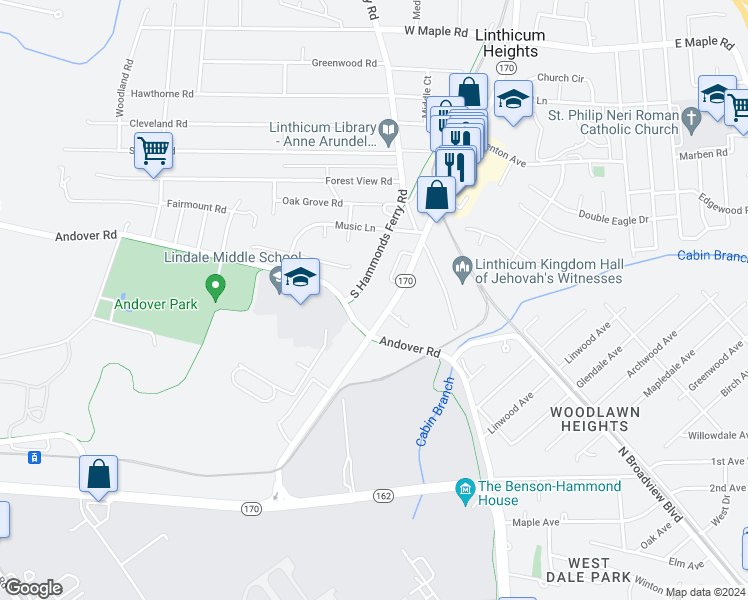 map of restaurants, bars, coffee shops, grocery stores, and more near 804 South Camp Meade Road in Linthicum Heights