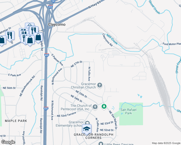 map of restaurants, bars, coffee shops, grocery stores, and more near 5649 North Tullis Avenue in Kansas City