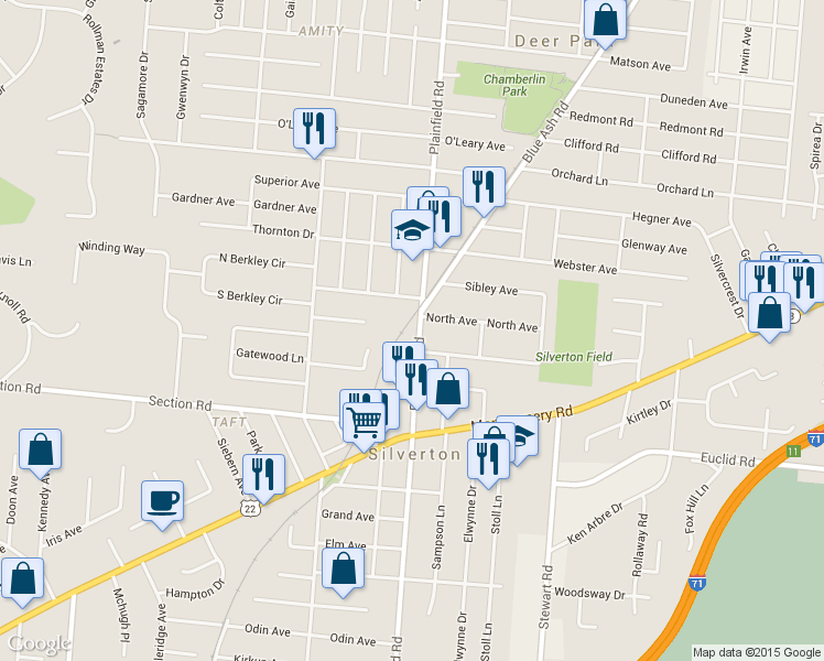 map of restaurants, bars, coffee shops, grocery stores, and more near 7011 Plainfield Road in Cincinnati