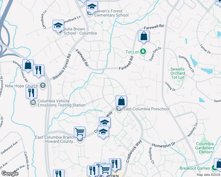 map of restaurants, bars, coffee shops, grocery stores, and more near 6366 Rising Moon in Columbia