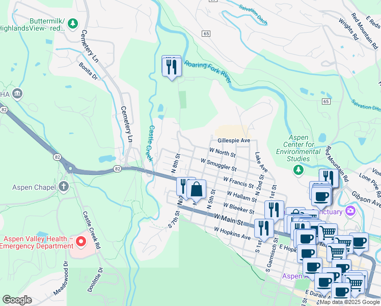 map of restaurants, bars, coffee shops, grocery stores, and more near 800 West Smuggler Street in Aspen