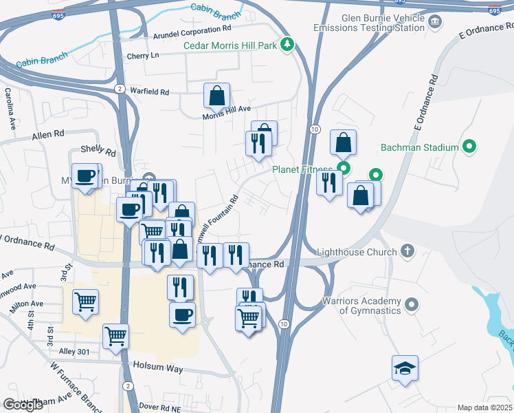 map of restaurants, bars, coffee shops, grocery stores, and more near 312 Blue Water Court in Glen Burnie