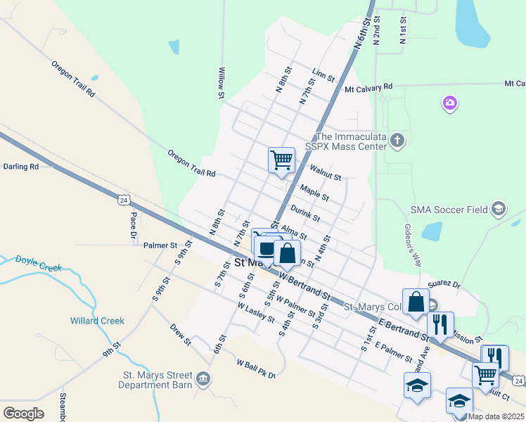 map of restaurants, bars, coffee shops, grocery stores, and more near 607 W Alma St in St. Marys