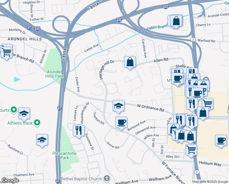 map of restaurants, bars, coffee shops, grocery stores, and more near 6397 Heritage Hill Drive in Glen Burnie
