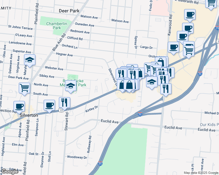 map of restaurants, bars, coffee shops, grocery stores, and more near 7641 Montgomery Road in Cincinnati