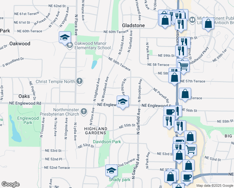 map of restaurants, bars, coffee shops, grocery stores, and more near 1904 Northeast Englewood Road in Gladstone