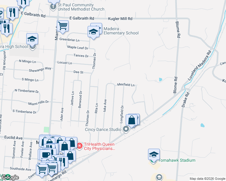 map of restaurants, bars, coffee shops, grocery stores, and more near 7325 Osceola Drive in Cincinnati