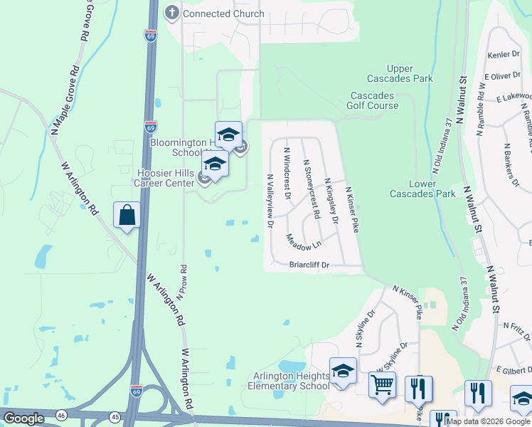 map of restaurants, bars, coffee shops, grocery stores, and more near 3301 North Valleyview Drive in Bloomington