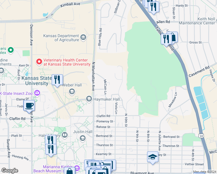 map of restaurants, bars, coffee shops, grocery stores, and more near 1524 McCain Lane in Manhattan