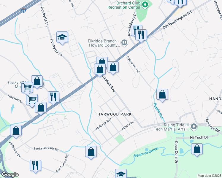 map of restaurants, bars, coffee shops, grocery stores, and more near 6350 Loudon Avenue in Elkridge
