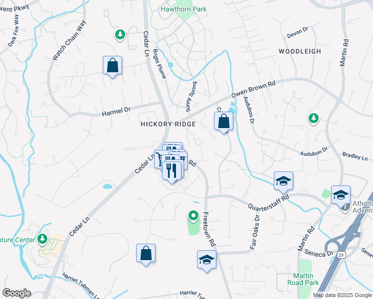 map of restaurants, bars, coffee shops, grocery stores, and more near 10704 Hidden Ridge Drive in Columbia
