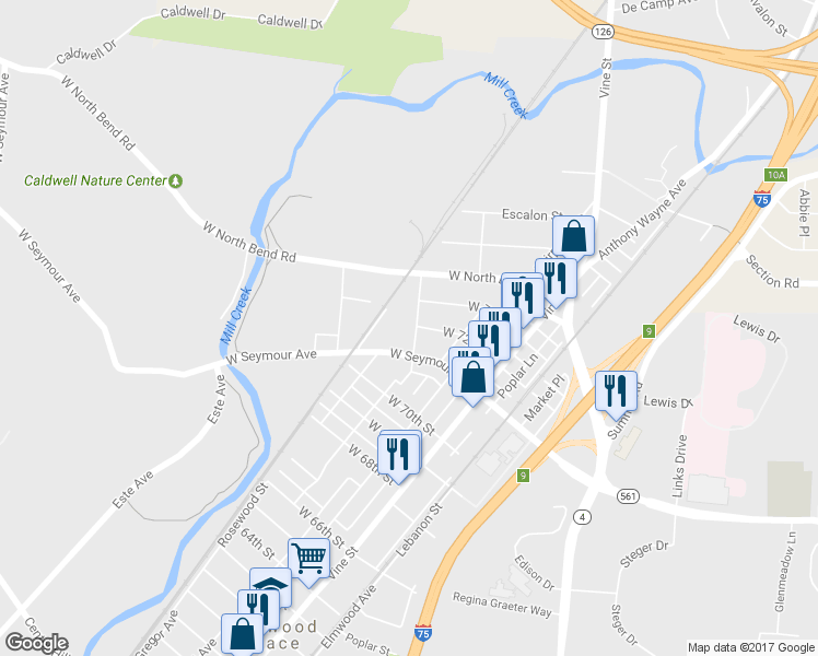 map of restaurants, bars, coffee shops, grocery stores, and more near 7121 Van Kirk Avenue in Cincinnati