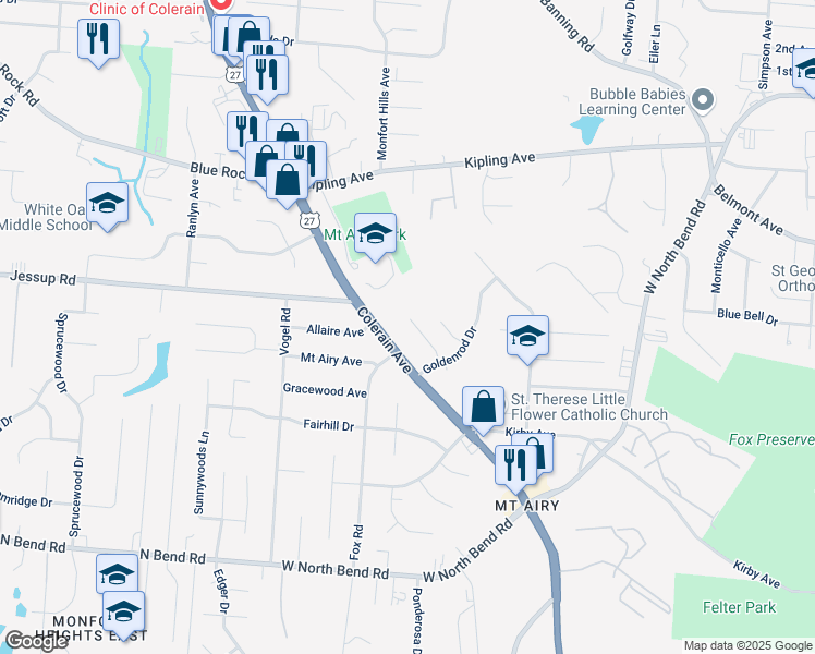 map of restaurants, bars, coffee shops, grocery stores, and more near 5638 Buttercup Lane in Cincinnati