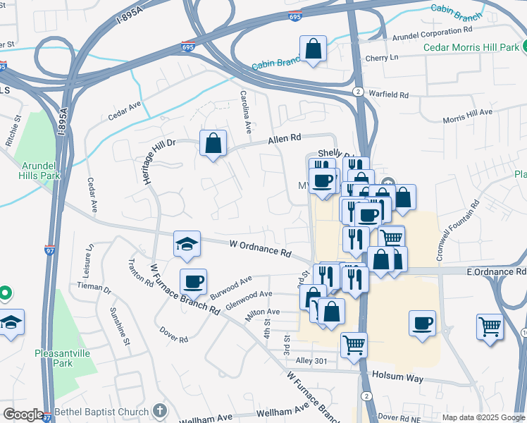 map of restaurants, bars, coffee shops, grocery stores, and more near 108 Governors Court in Glen Burnie